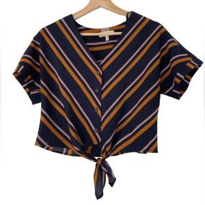 MONTEAU NAVY/ORANGE/PINK STRIPED CROP LENGTH BUTTON DOWN TIE TOP/BLOUSE, MEDIUM